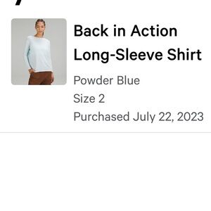 Lululemon Back In Action long sleeve, crew neck, powder blue, size 2